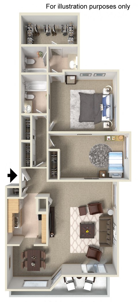 Floor plan for 2 beds, 2 baths, 1170 sqft